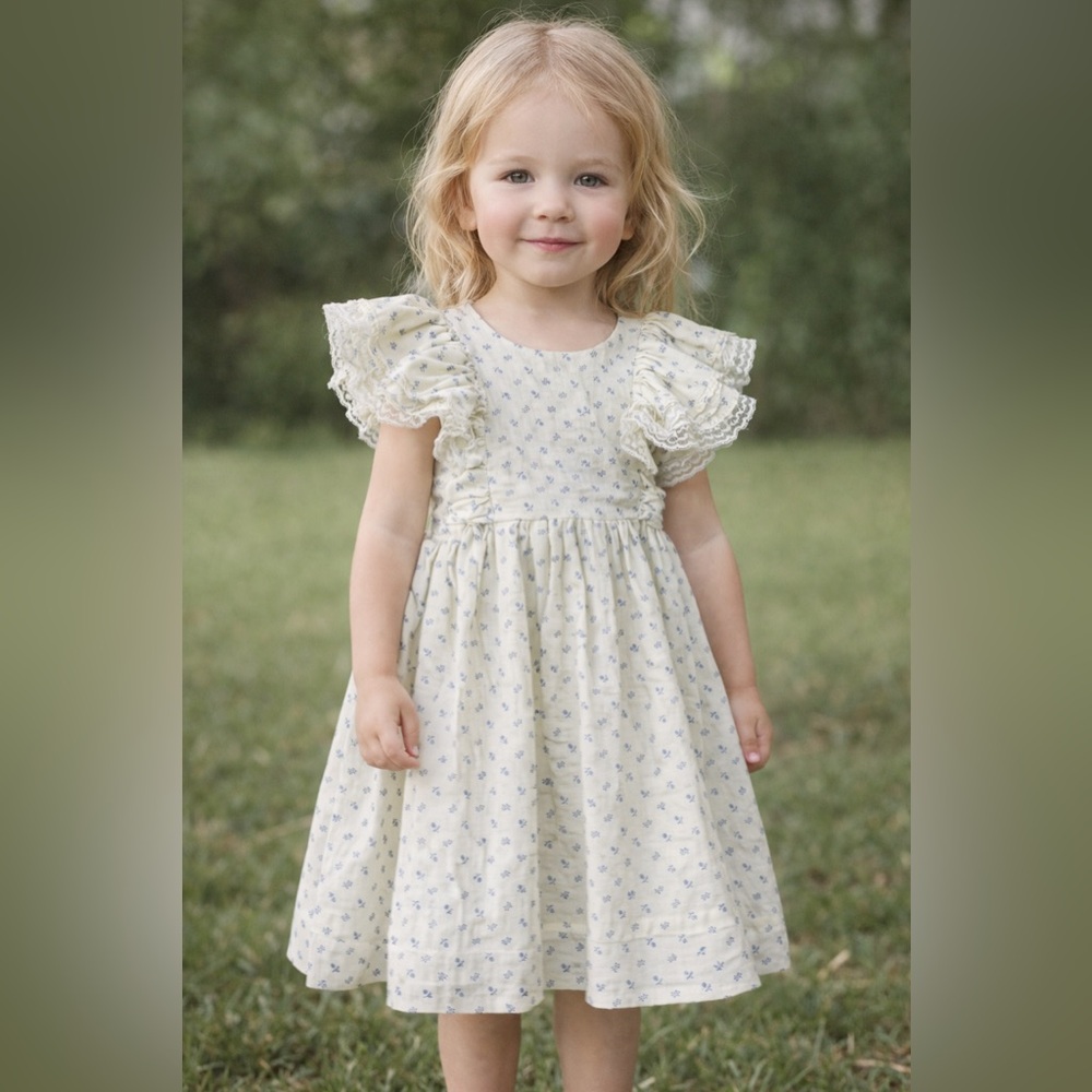 Vintage Handmade Girls Floral Dress Lace Flutter Sleeve Tie Waist Cottagecore
